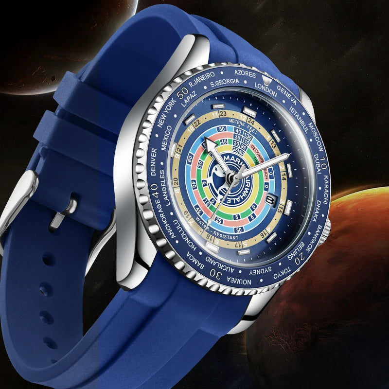 Mark Fairwhale world timer quartz watch blue and black colorways
