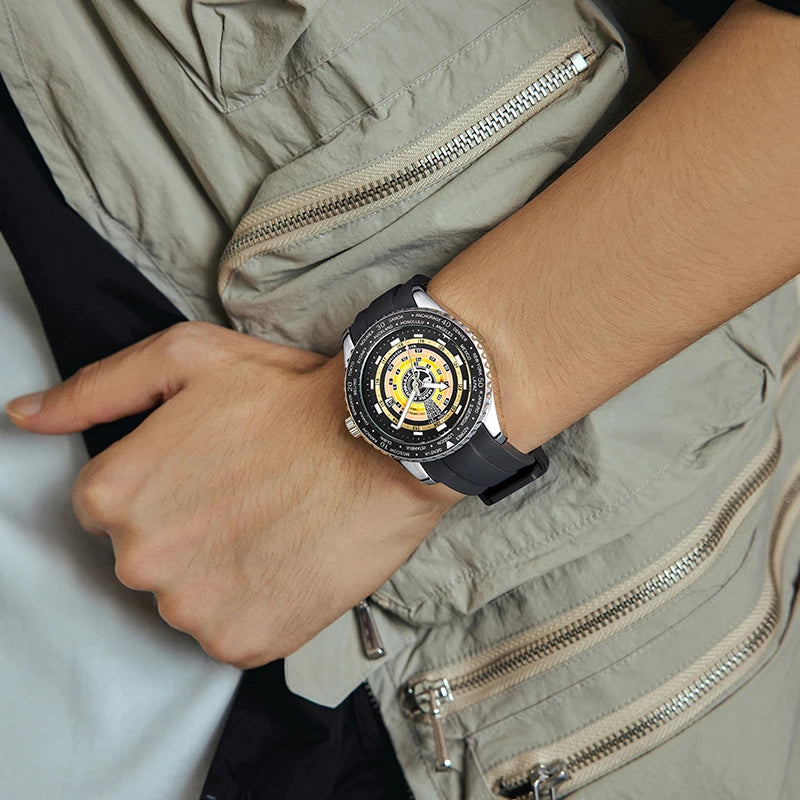 Mark Fairwhale world timer quartz watch on wrist