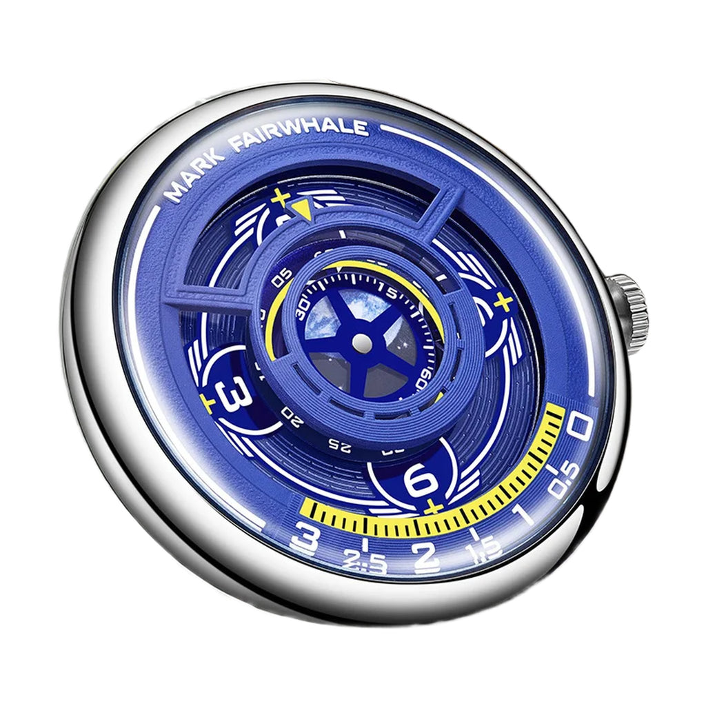 Mark Fairwhale FW-5990 mirror dome quartz watch silver case blue dial on white background