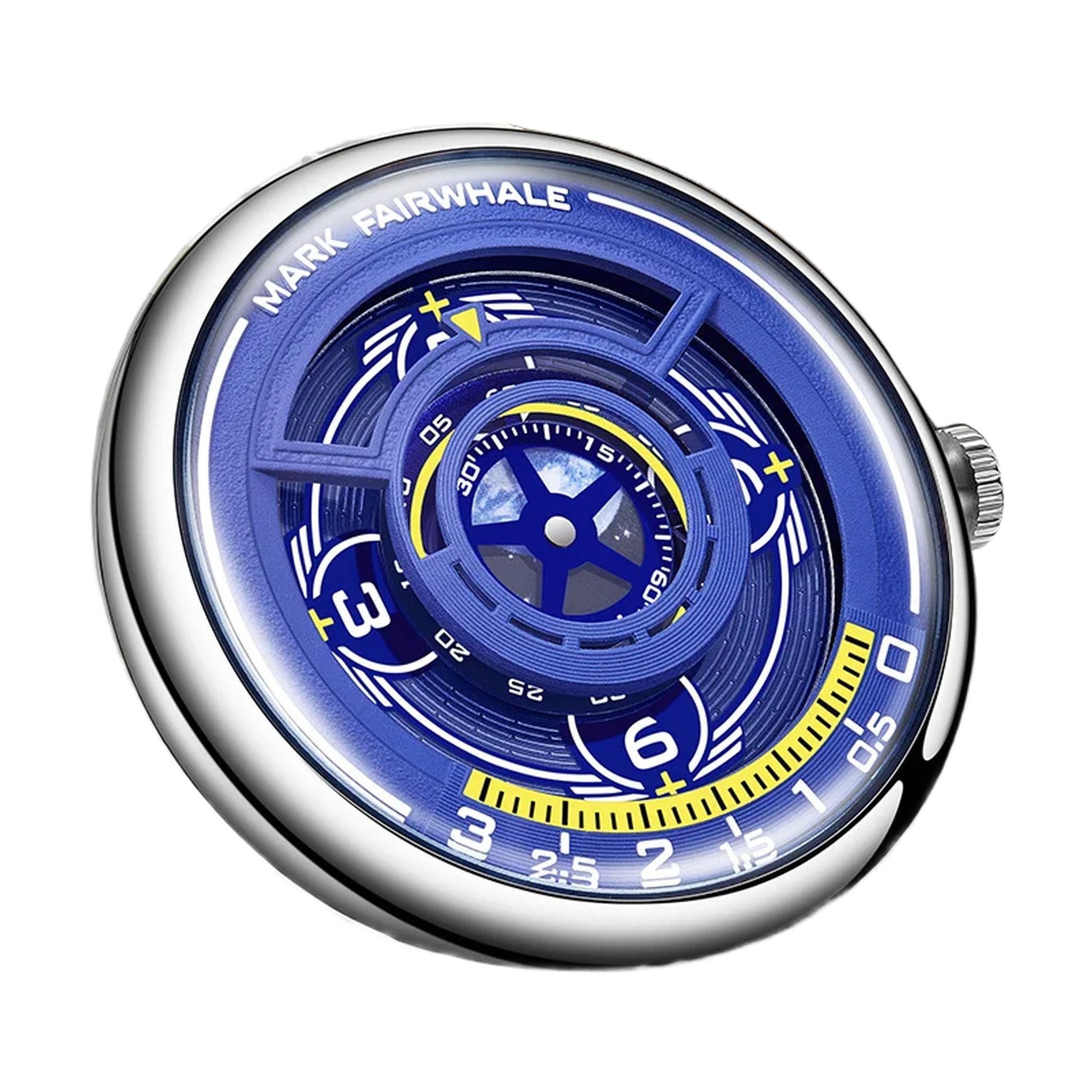 Mark Fairwhale FW-5990 mirror dome quartz watch silver case blue dial on white background