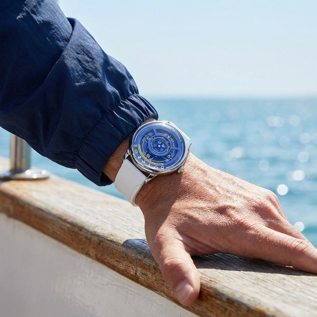 Mark Fairwhale mirror-dial worn dockside