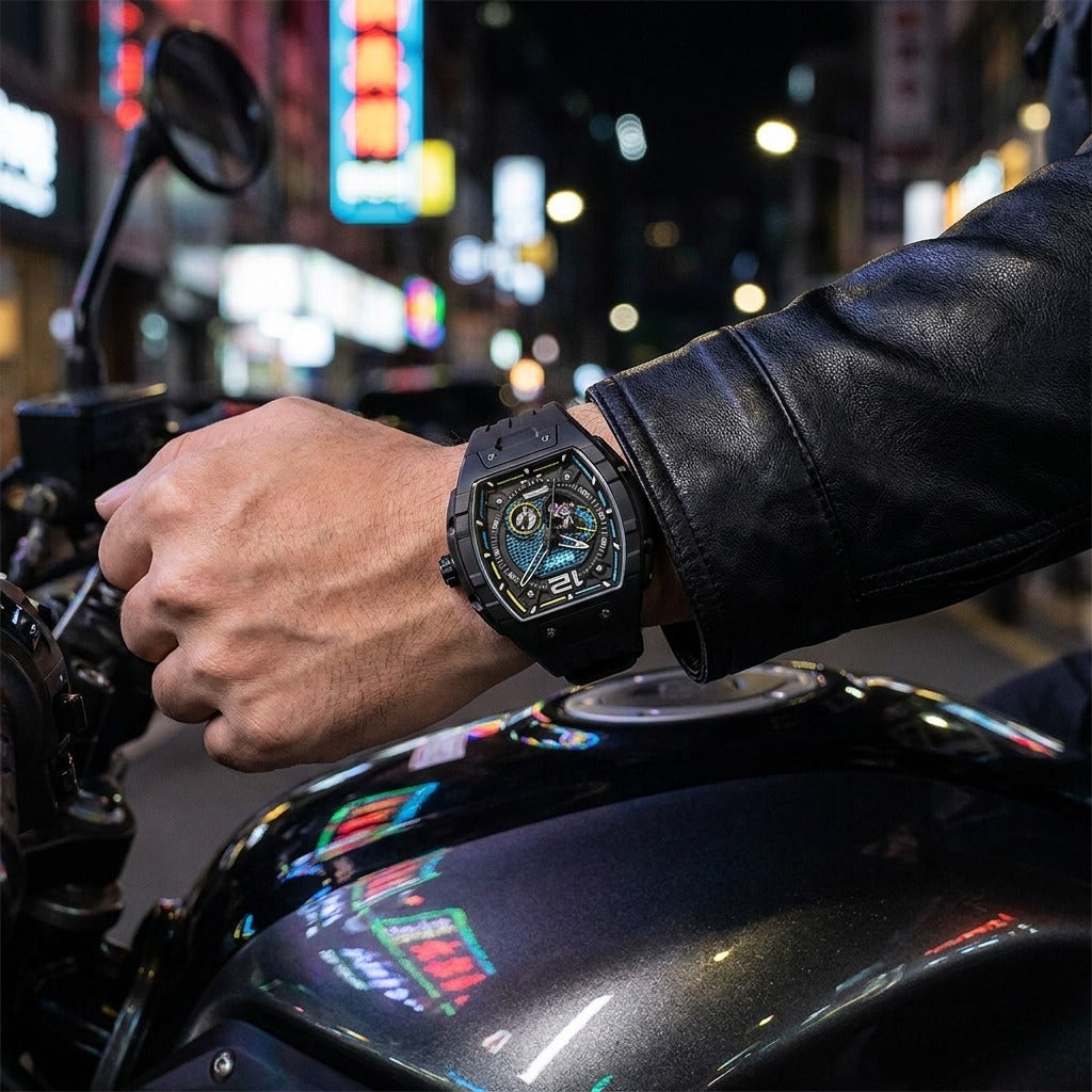 Mark Fairwhale black tonneau worn on a night ride