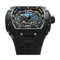 Mark Fairwhale FW-6002 tonneau automatic watch black case black rubber strap on white background
