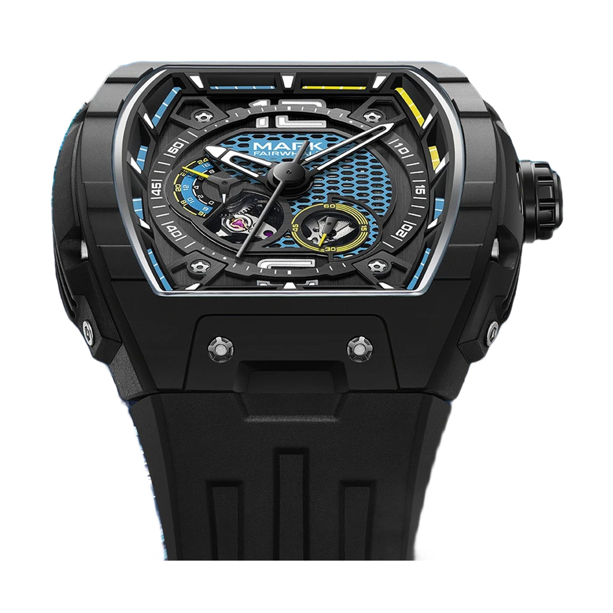 Mark Fairwhale FW-6002 tonneau automatic watch black case black rubber strap on white background