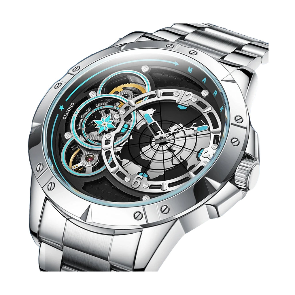 Mark Fairwhale FW-6005 skeleton automatic watch silver case steel bracelet on white background