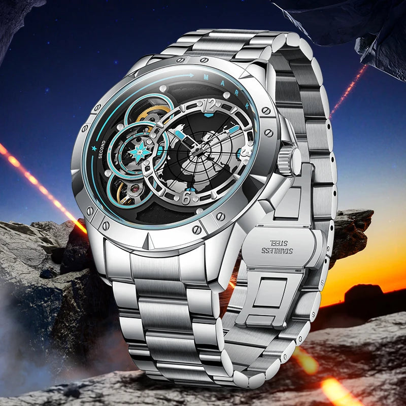 Mark Fairwhale skeleton automatic watch silver steel bracelet