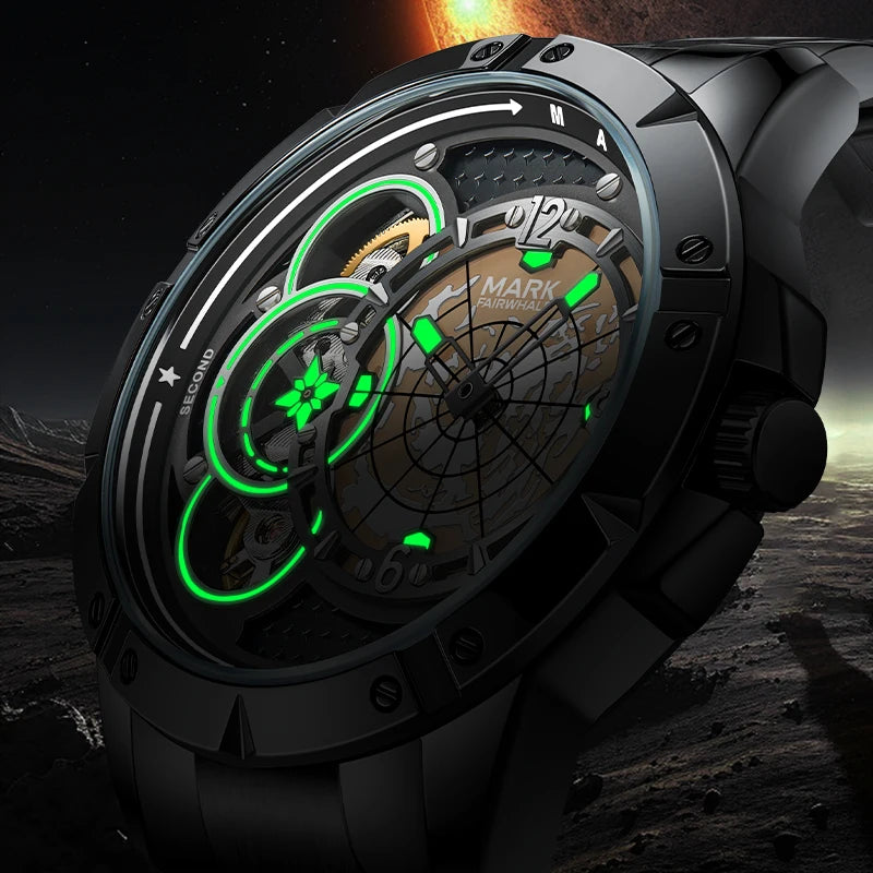 Mark Fairwhale skeleton automatic watch on wrist