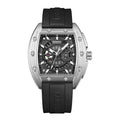Mark Fairwhale FW-6016 tonneau skeleton automatic watch silver case full black rubber strap on white background