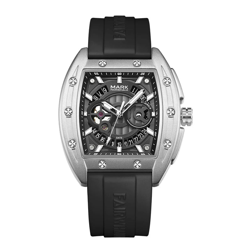 Mark Fairwhale FW-6016 tonneau skeleton automatic watch silver case full black rubber strap on white background