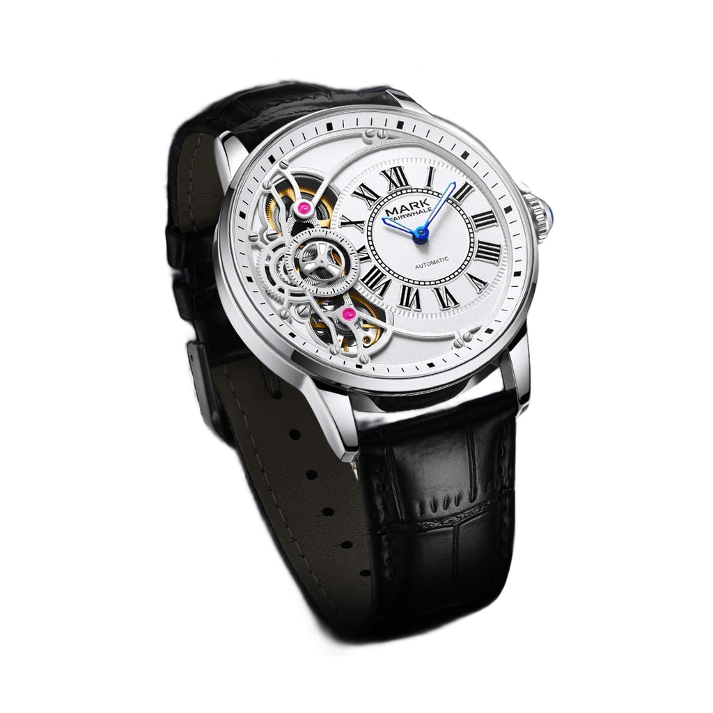 Mark Fairwhale FW-6031 roman dial mechanical watch silver case white dial black leather strap on white background