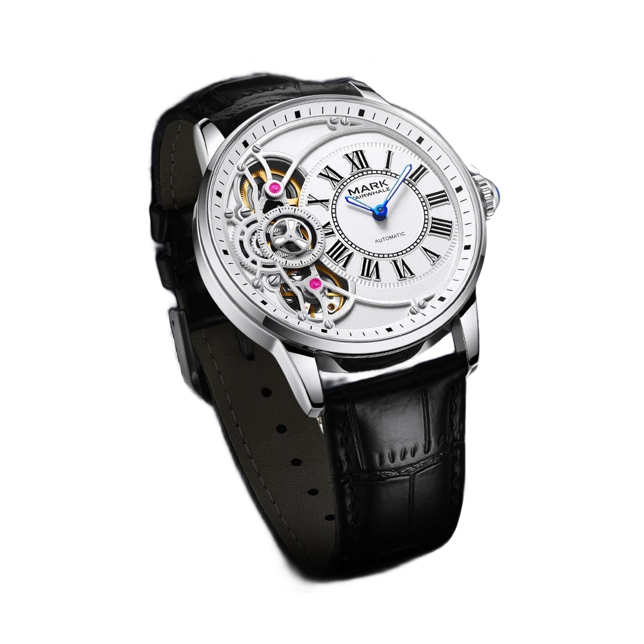 Mark Fairwhale FW-6031 roman dial mechanical watch silver case white dial black leather strap on white background