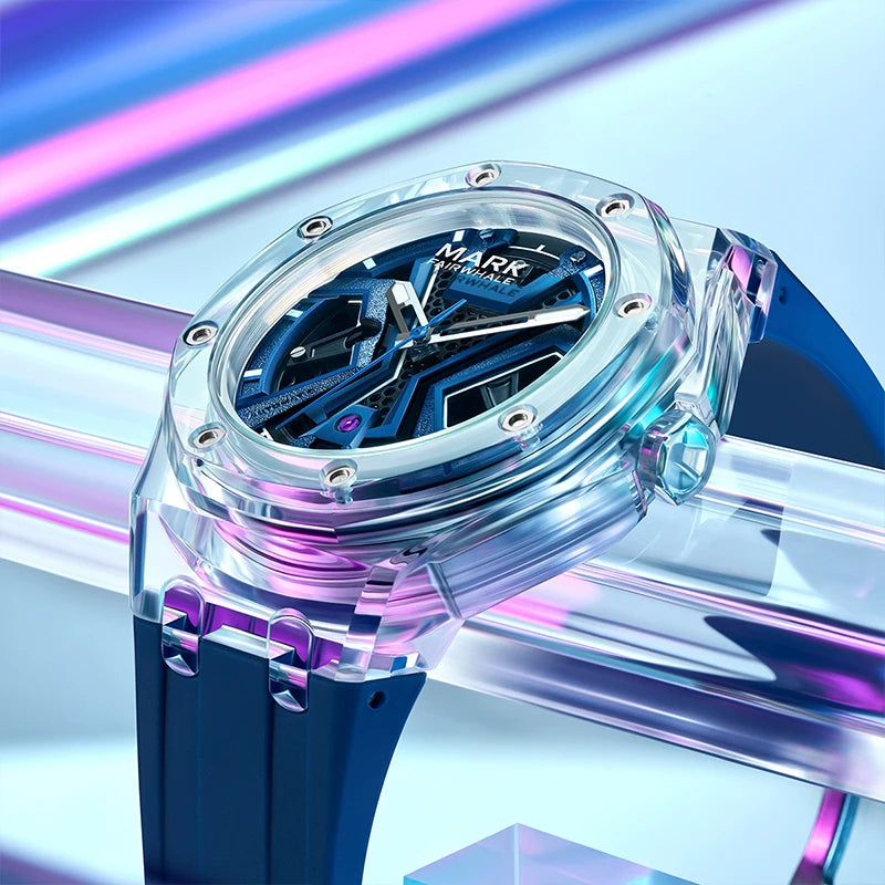 Mark Fairwhale transparent case automatic watch skeleton dial
