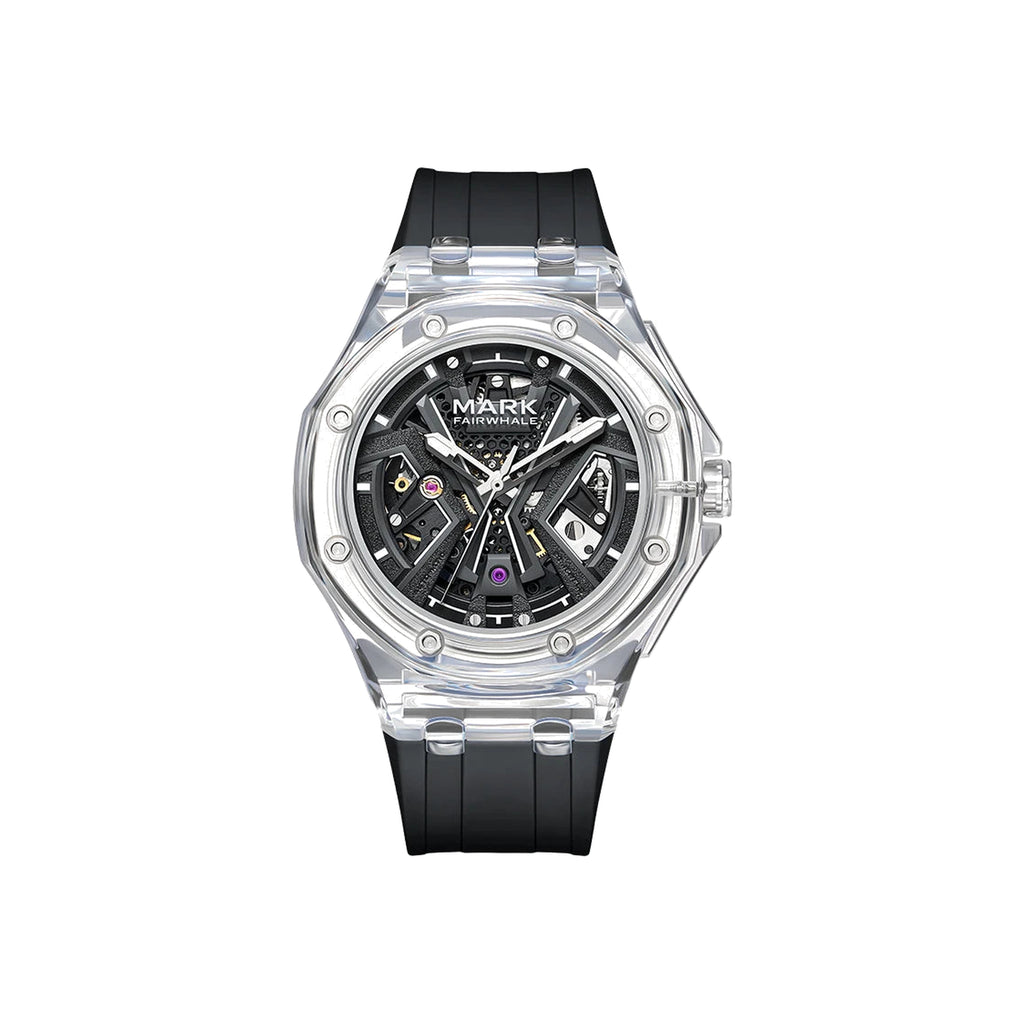 Mark Fairwhale 6550 transparent-case automatic watch, Black Rubber, white background
