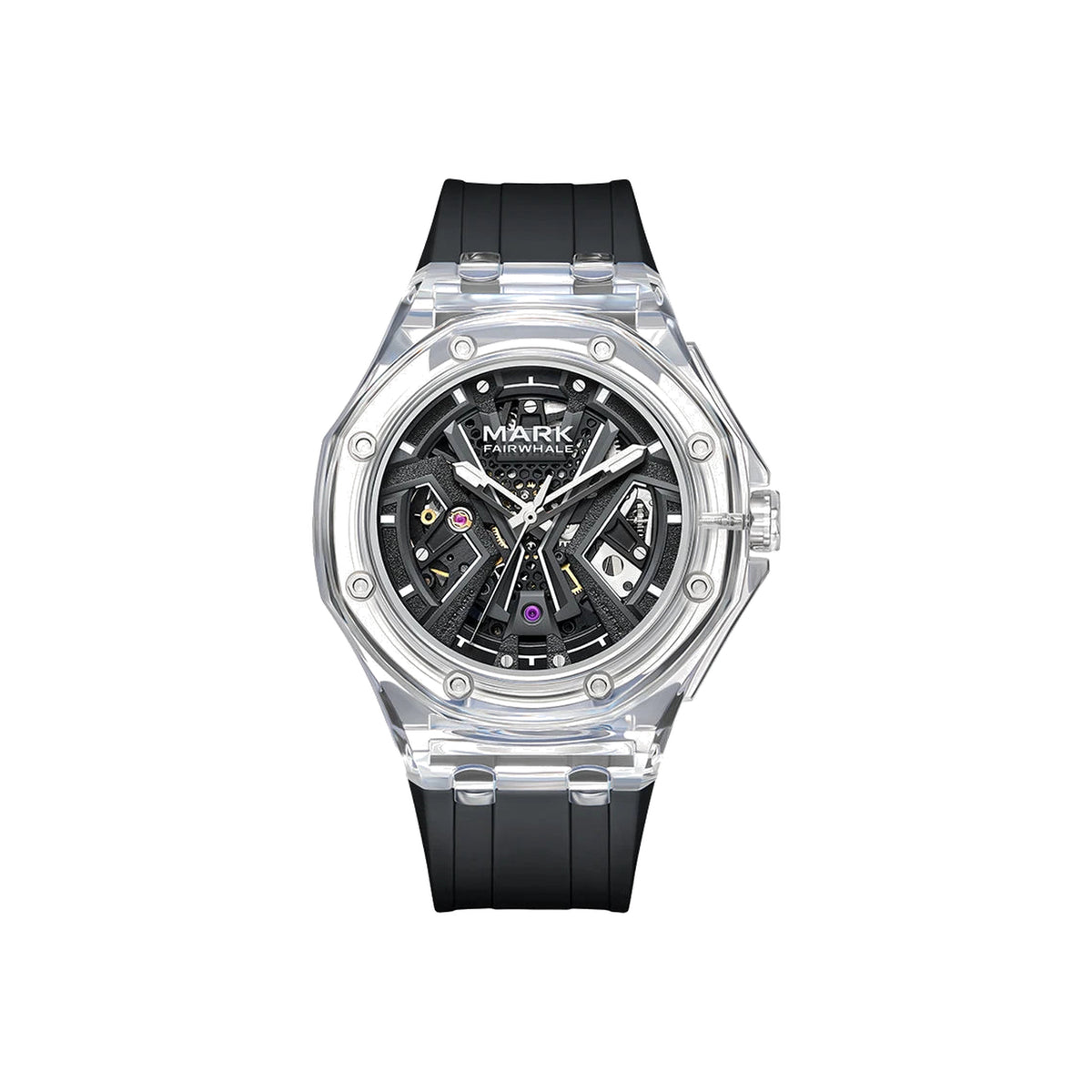 Mark Fairwhale 6550 transparent-case automatic watch, Black Rubber, white background