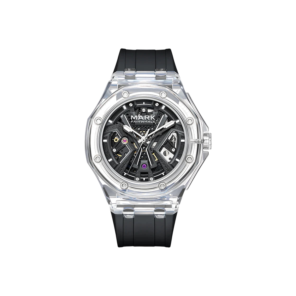 Mark Fairwhale 6550 transparent-case automatic watch, Black Rubber, white background