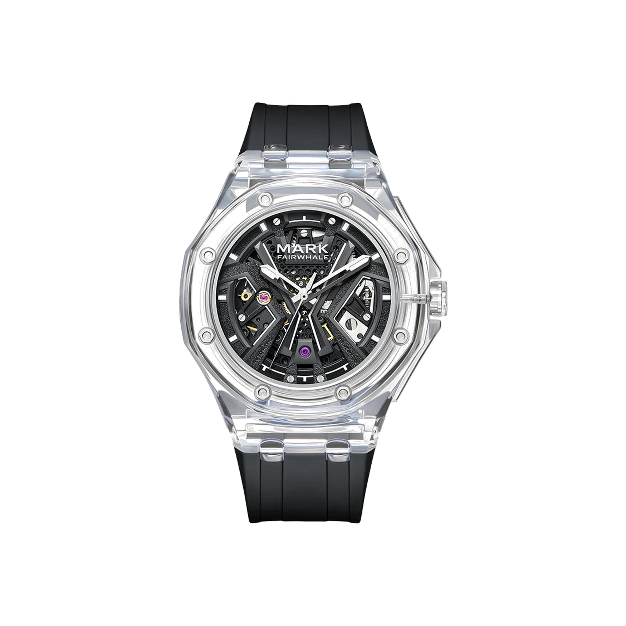 Mark Fairwhale 6550 transparent-case automatic watch, Black Rubber, white background