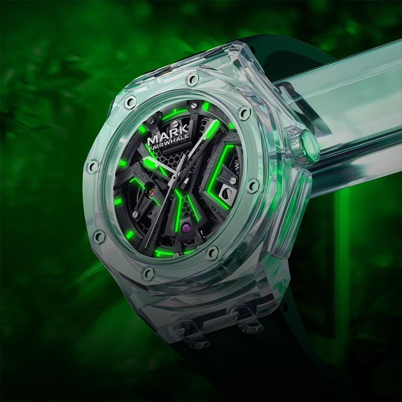 Mark Fairwhale transparent case automatic watch on wrist