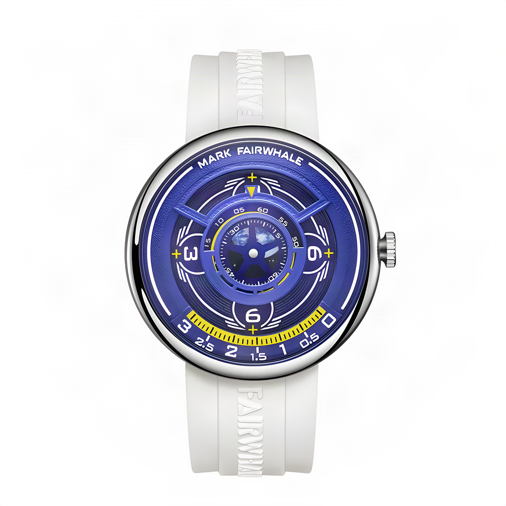 Mark Fairwhale mirror-dial quartz watch, silver case, blue dial, white rubber strap, on white background