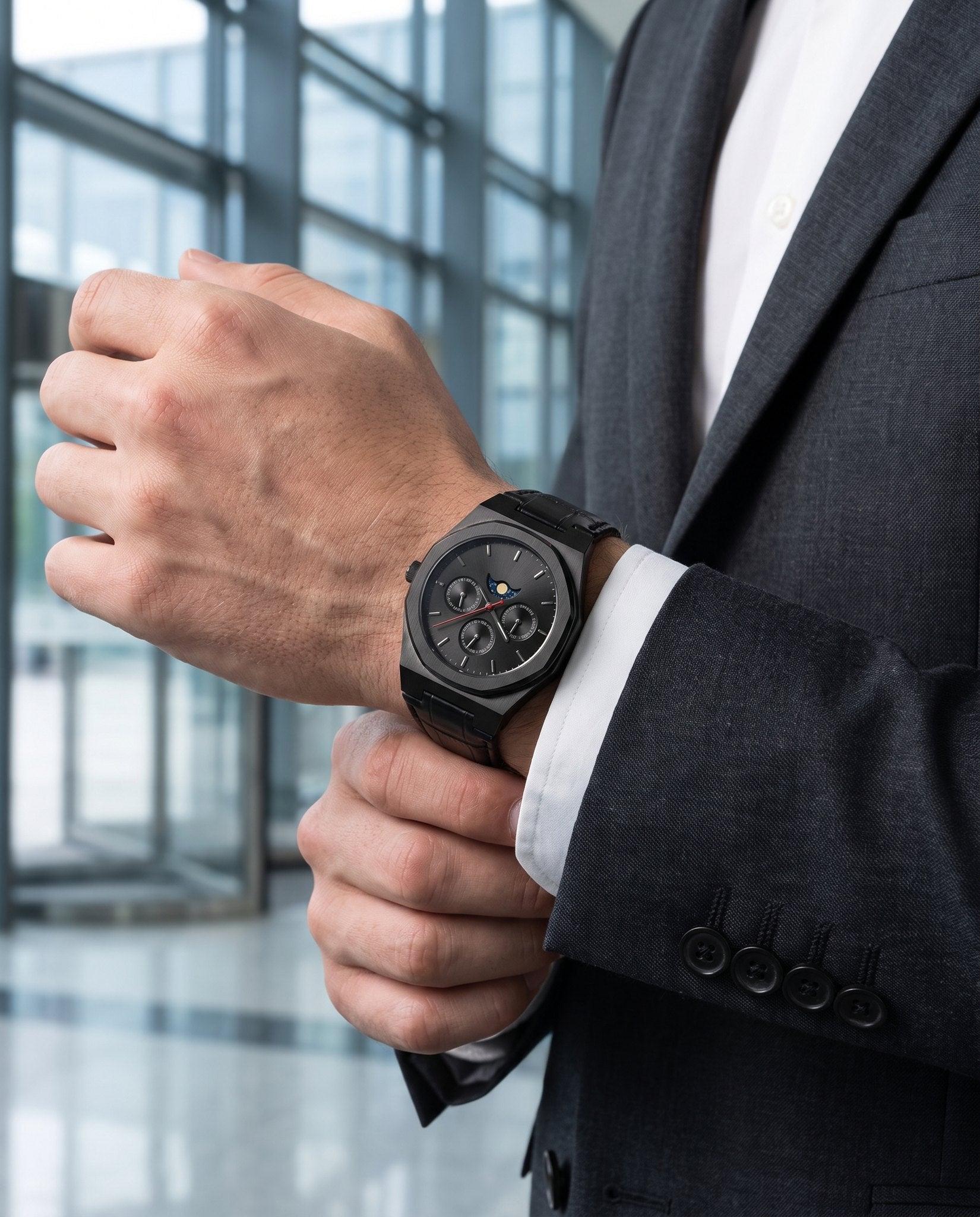MARS Earth Edition watch on a man's wrist with business shirt cuff