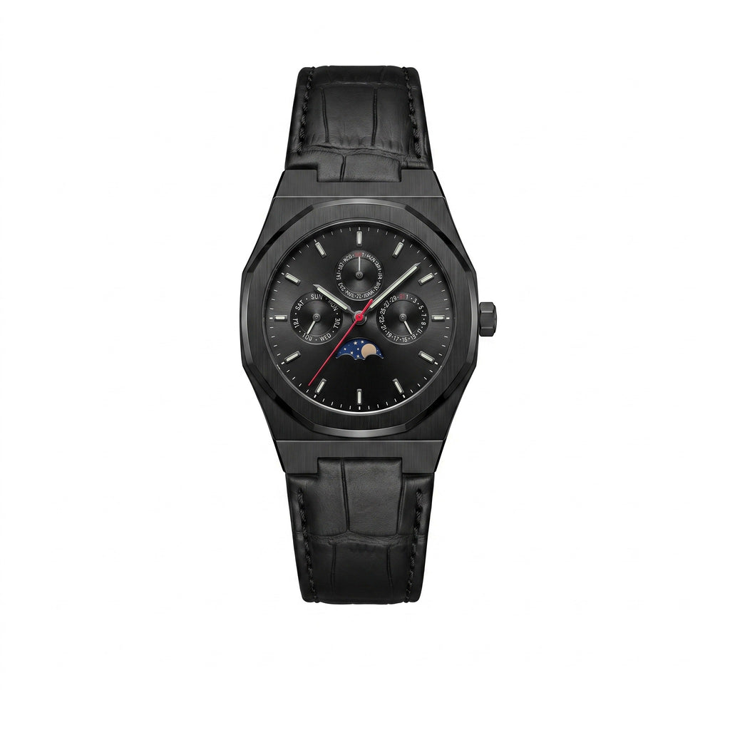 MARS Earth Edition black automatic watch on black leather strap, studio hero on white