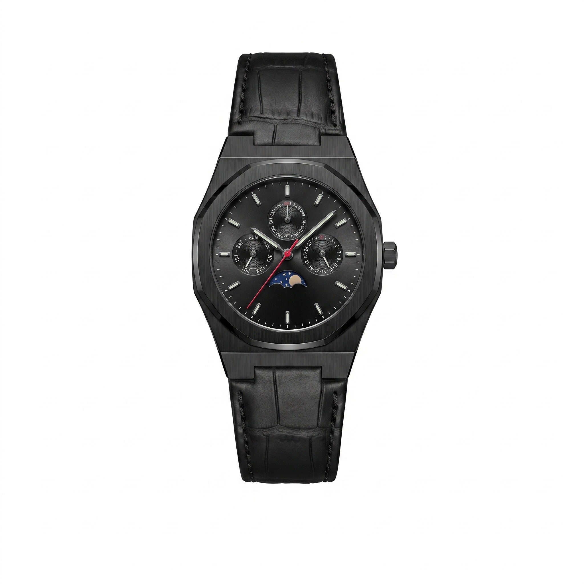MARS Earth Edition black automatic watch on black leather strap, studio hero on white