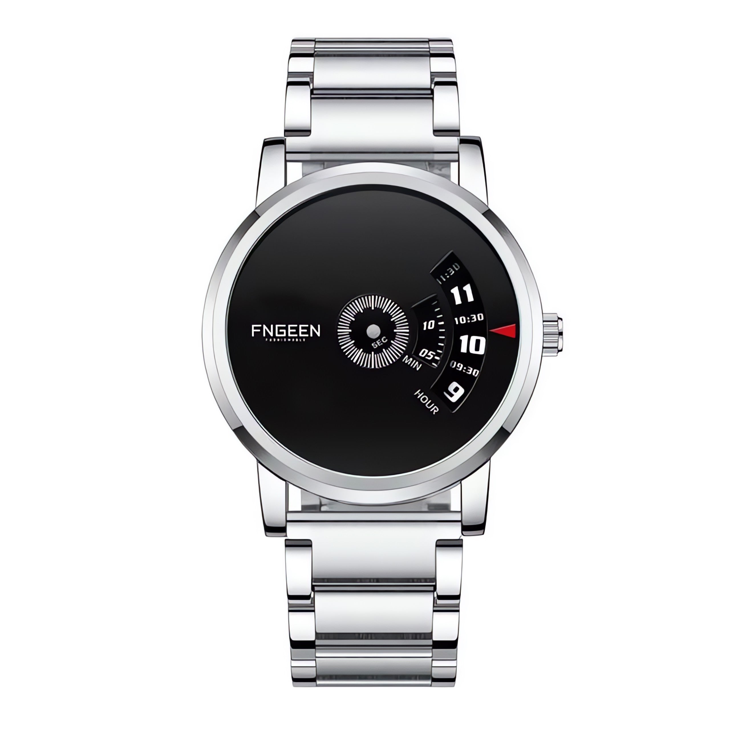 FNGEEN S230 turntable watch, silver case black dial on steel bracelet — AWC-S230-03