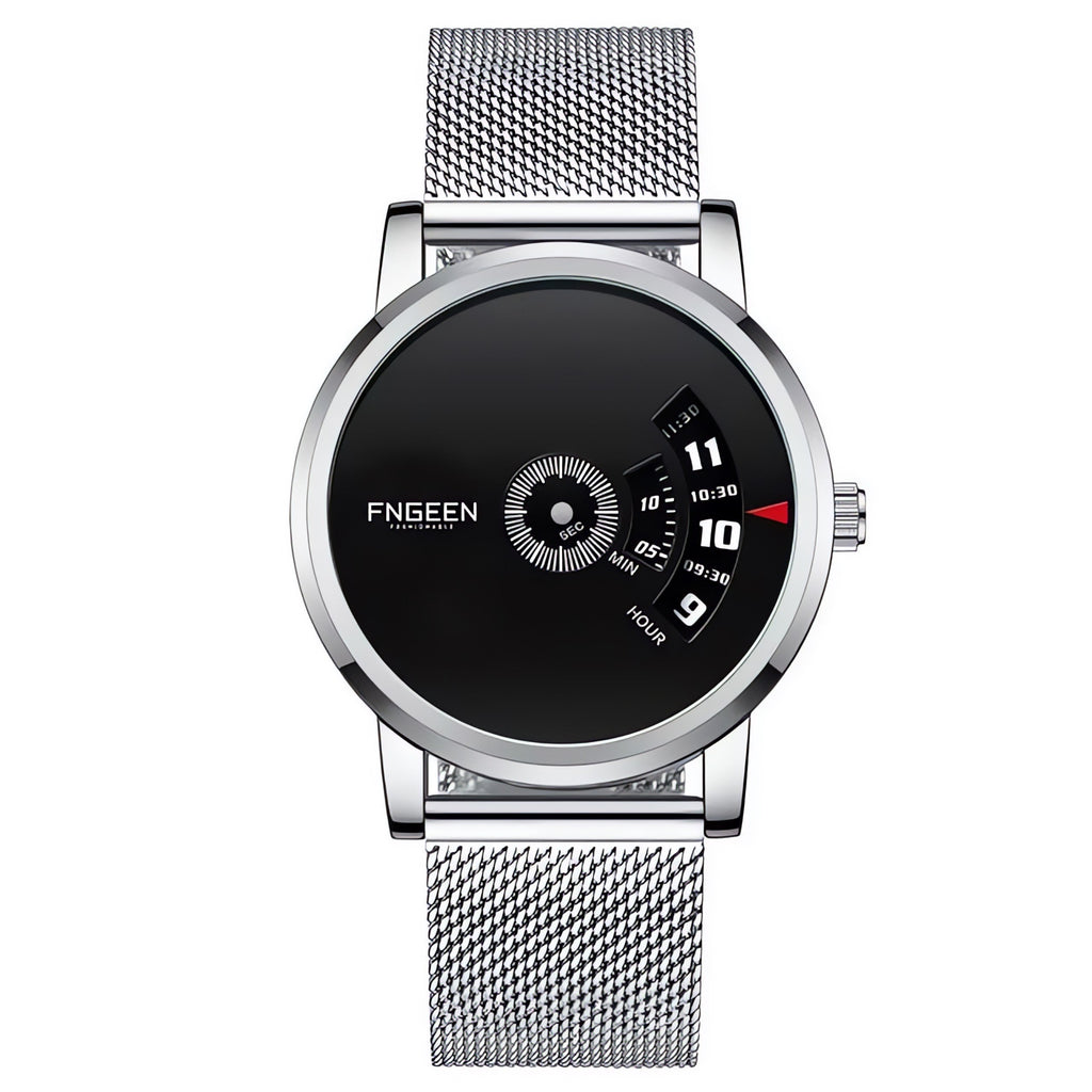 FNGEEN S230 turntable watch, silver case black dial on mesh strap — AWC-S230-04
