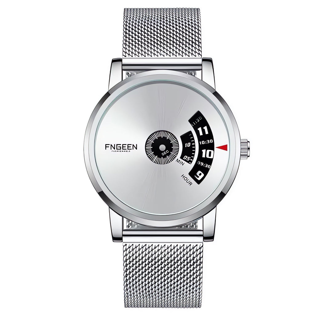 FNGEEN S230 turntable watch, silver case white dial on mesh strap — AWC-S230-05