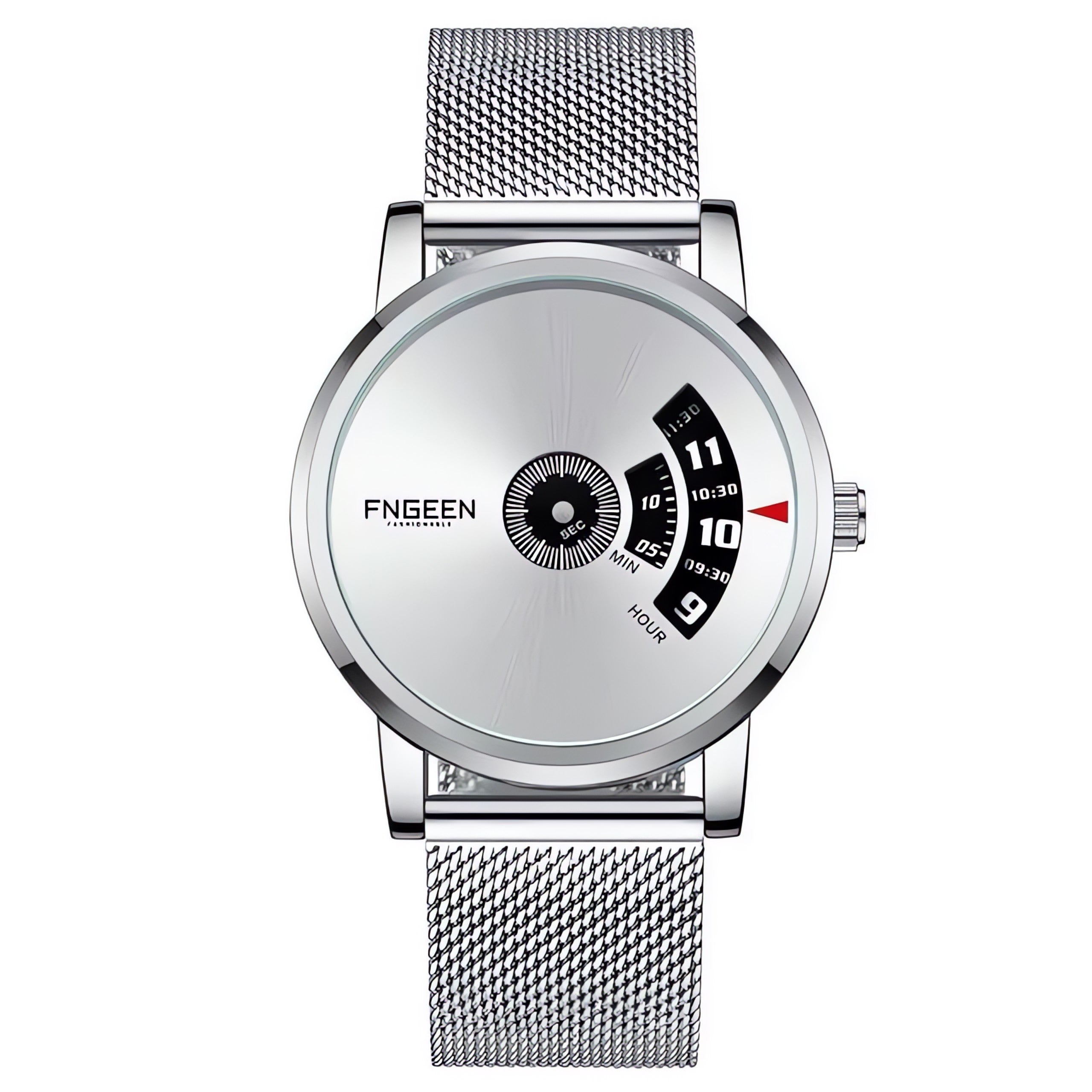 FNGEEN S230 turntable watch, silver case white dial on mesh strap — AWC-S230-05