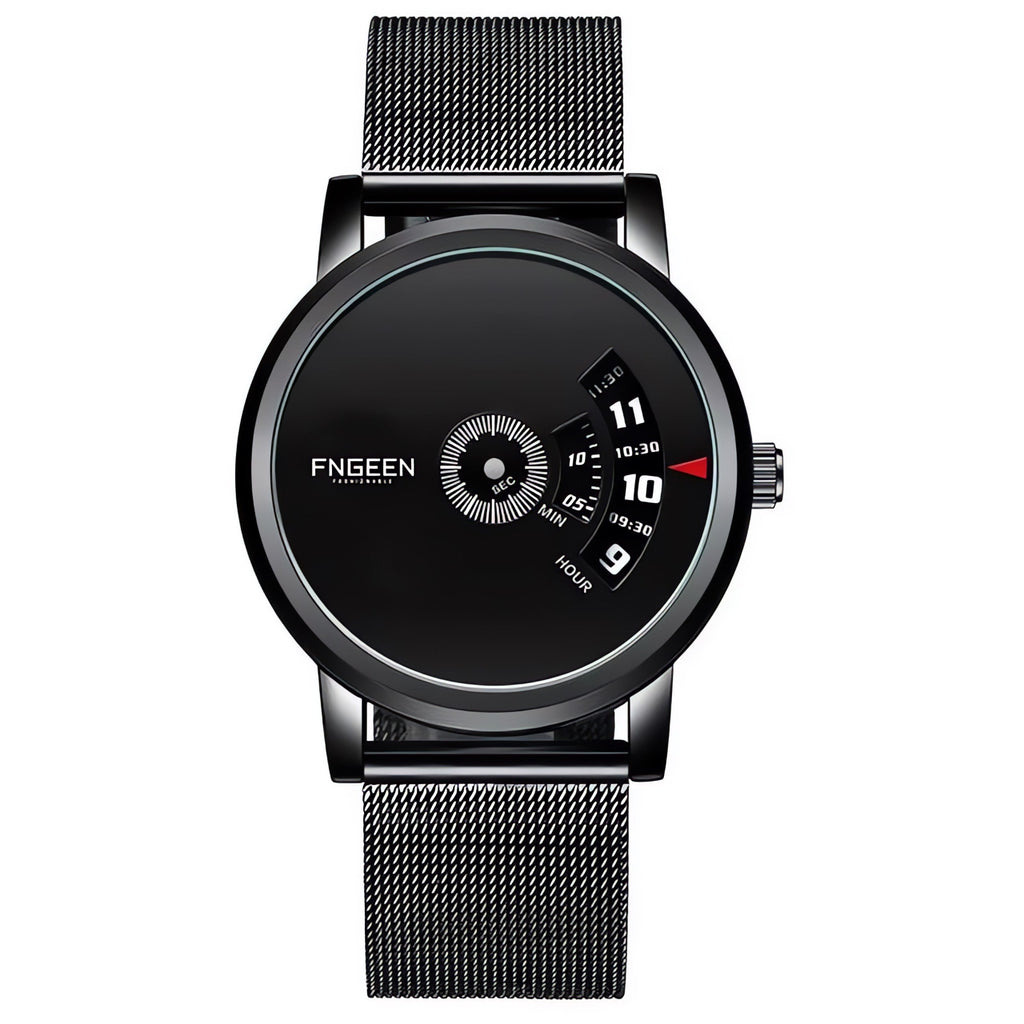 FNGEEN S230 turntable watch, black case black dial on black mesh strap — AWC-S230-06