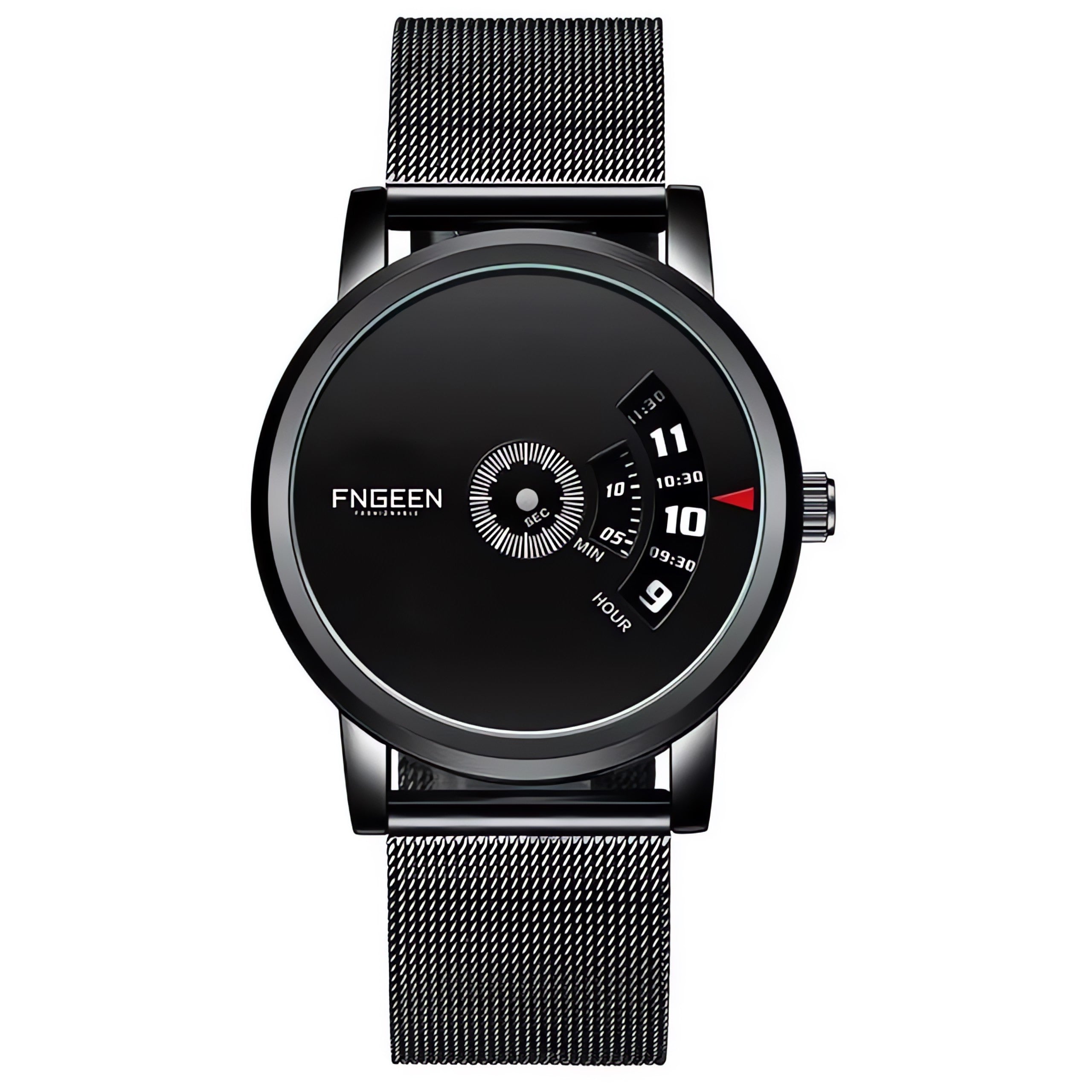 FNGEEN S230 turntable watch, black case black dial on black mesh strap — AWC-S230-06