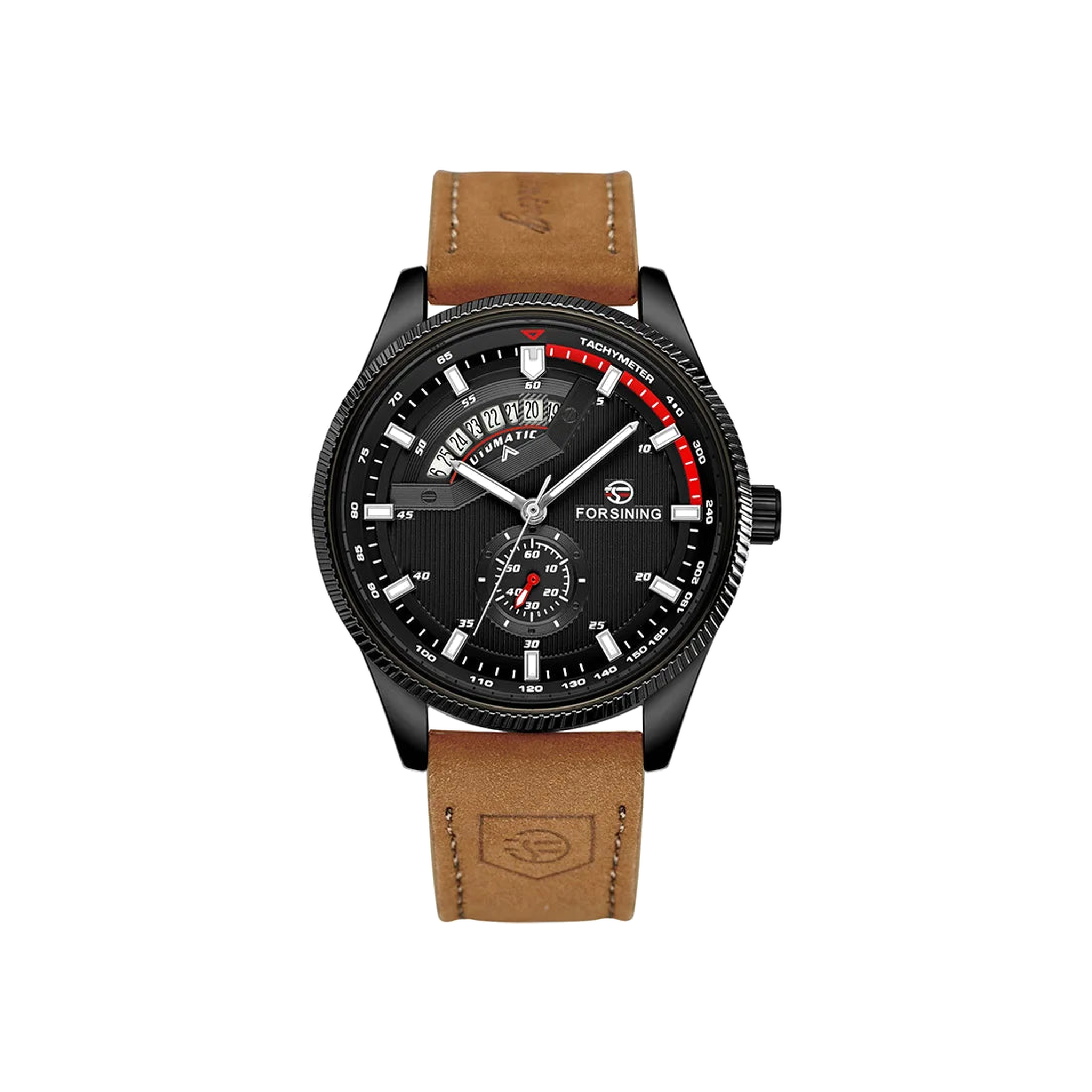 FORSINING 0226 automatic calendar watch with black case, black dial, and tan leather strap