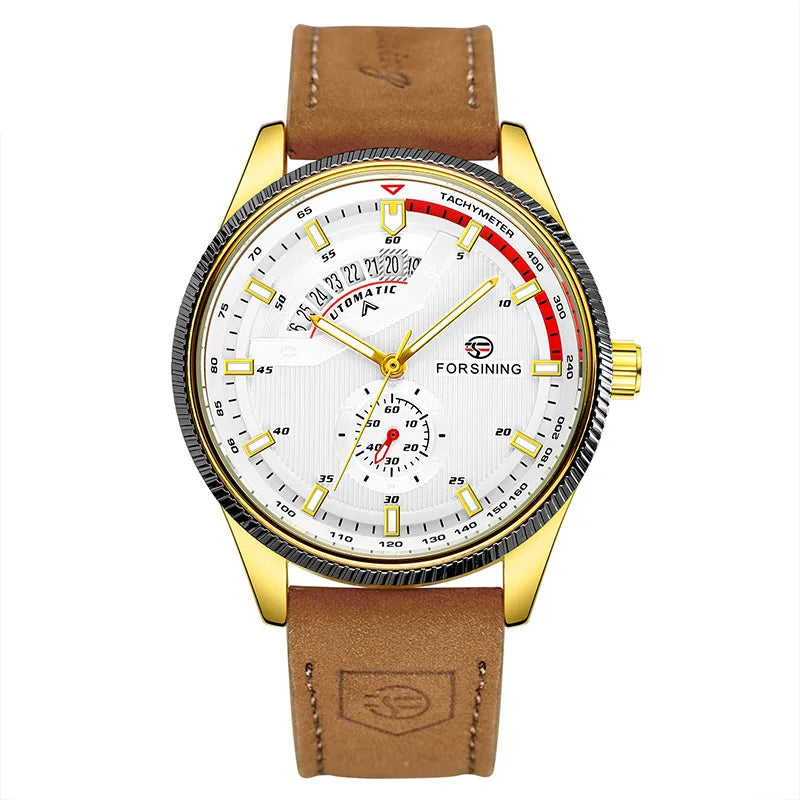 FORSINING 0226 automatic calendar watch with gold case, white dial, and tan leather strap