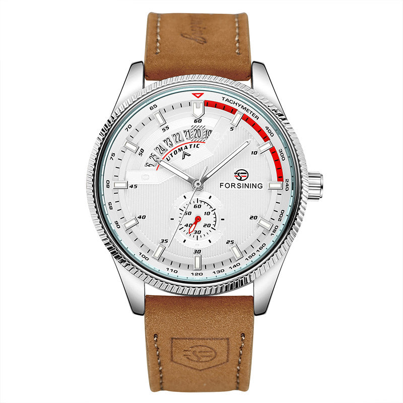 FORSINING 0226 automatic calendar watch with silver case, white dial, and tan leather strap