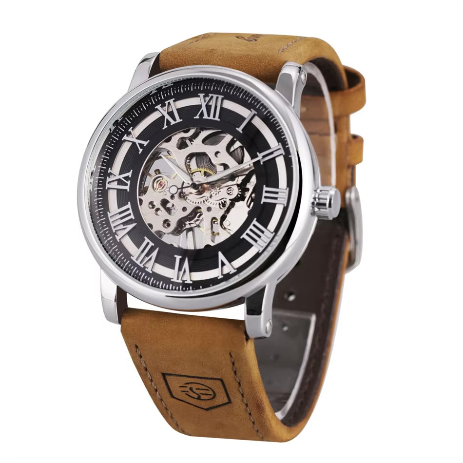 FORSINING 160G hand-wound skeleton watch with black Roman-numeral dial and brown leather strap