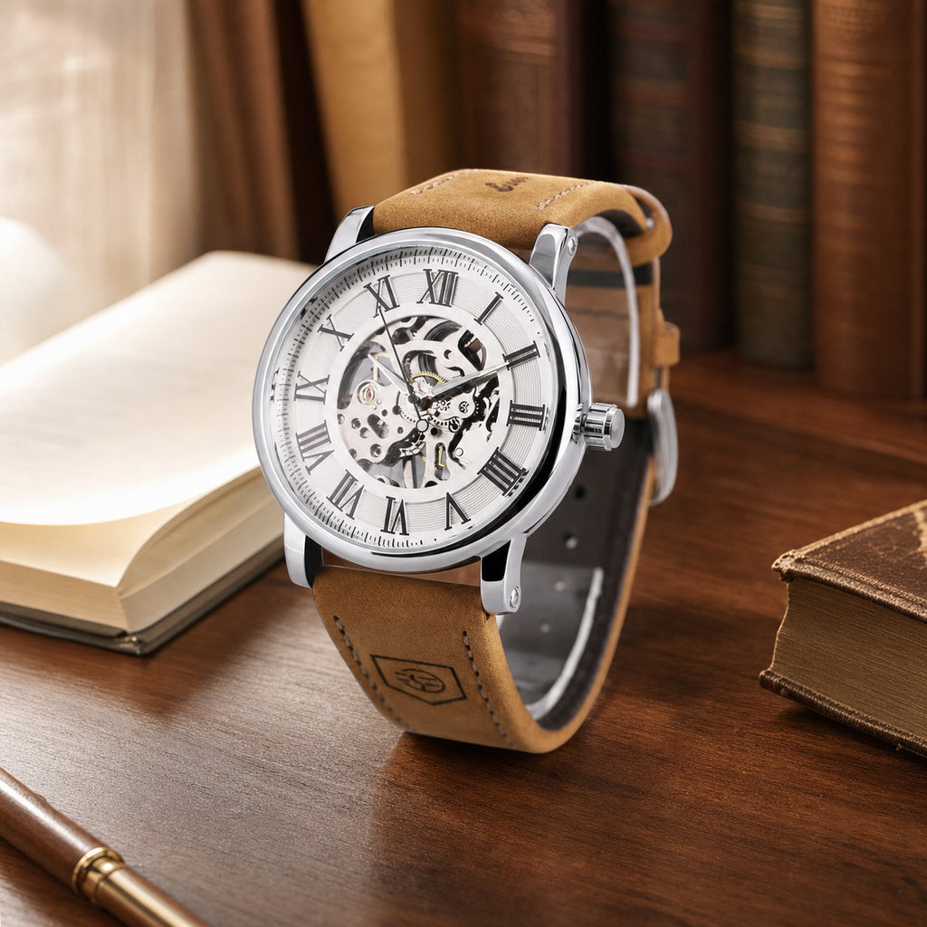 FORSINING Roman skeleton hand-wound watch on a warm library desk