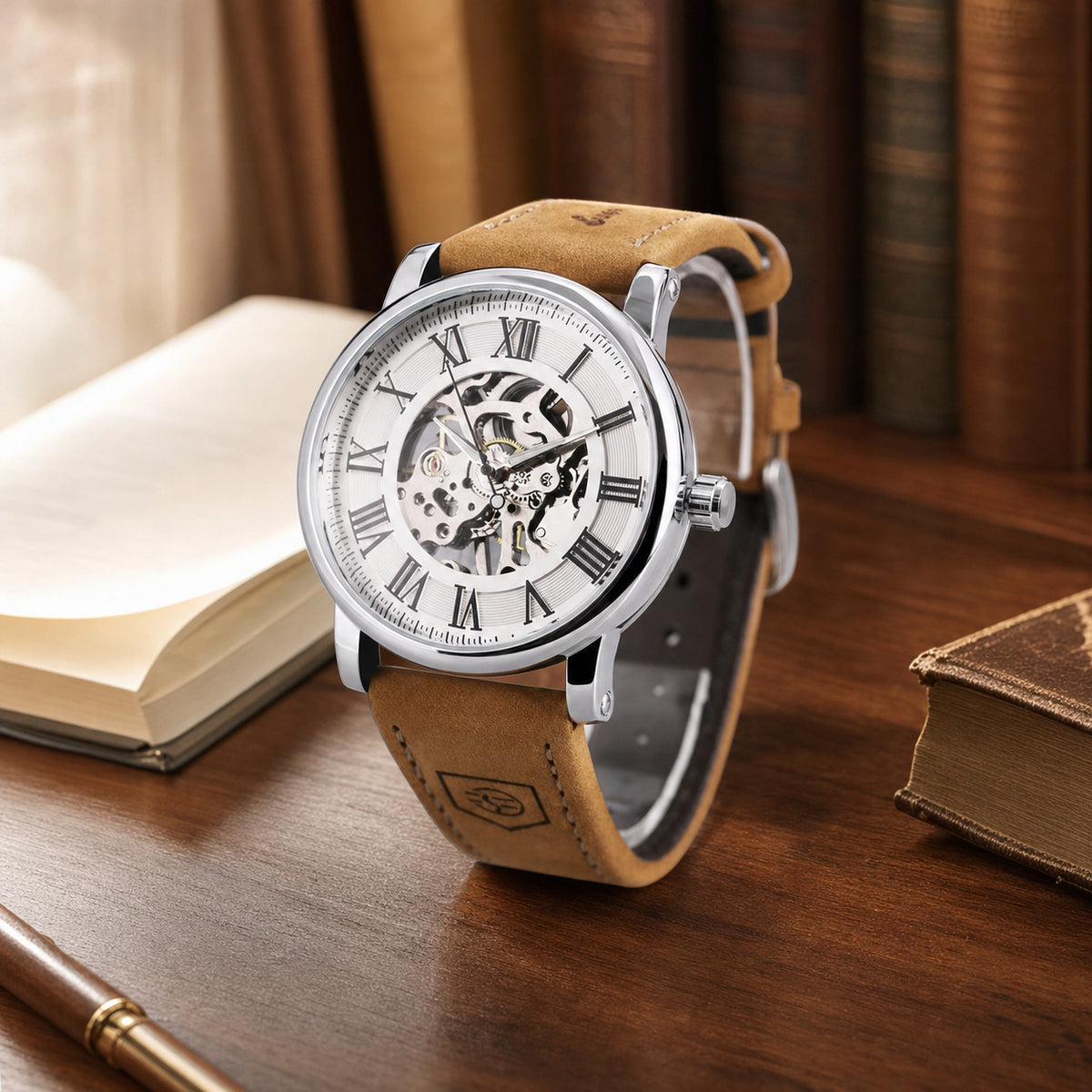 FORSINING Roman skeleton hand-wound watch on a warm library desk