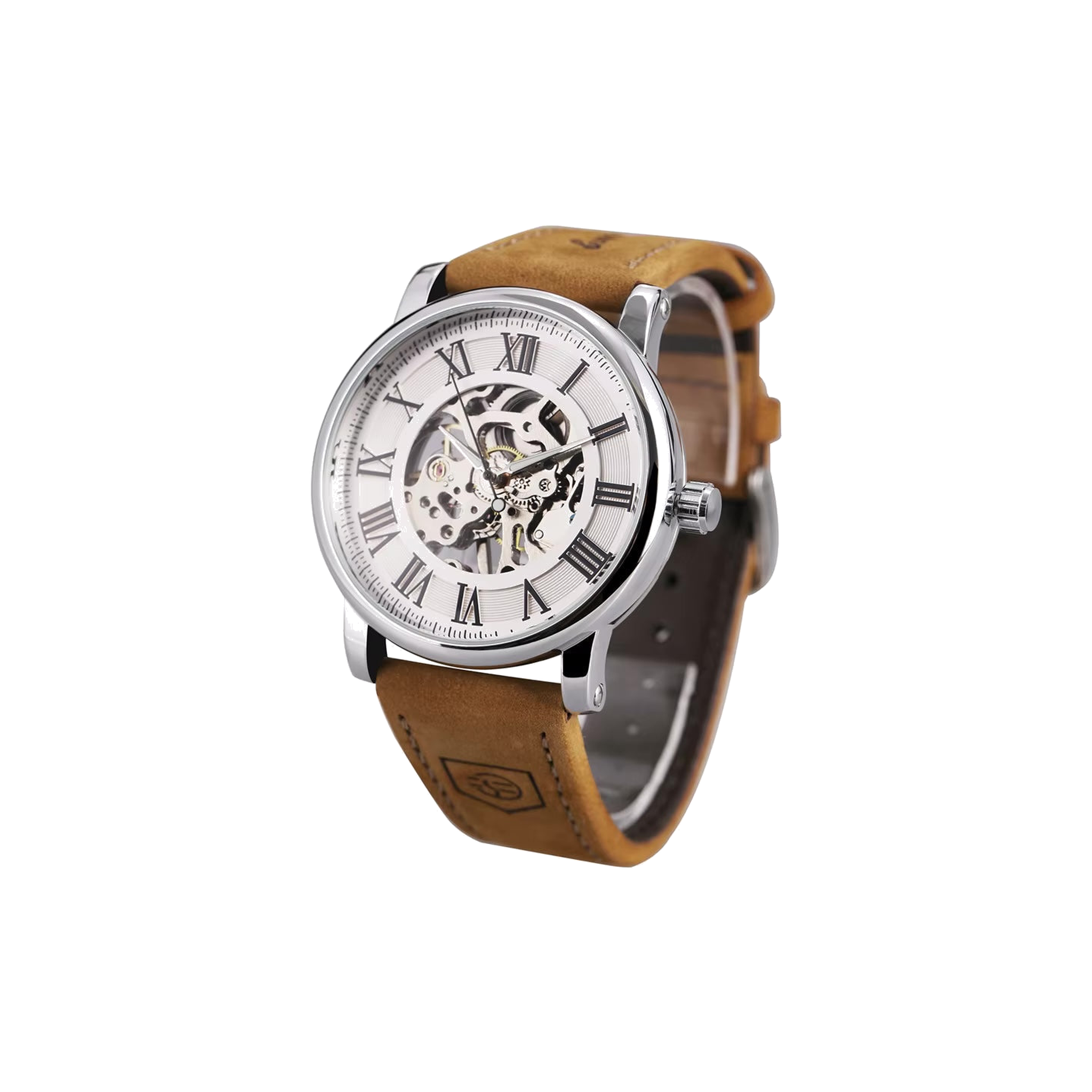 FORSINING 160G White Dial Roman skeleton hand-wound watch on white background