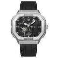 FORSINING 452A angular skeleton automatic watch, silver octagonal case on black rubber strap