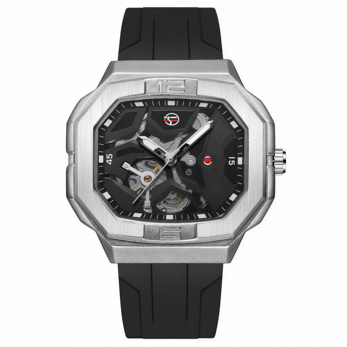 FORSINING 452A angular skeleton automatic watch, silver octagonal case on black rubber strap