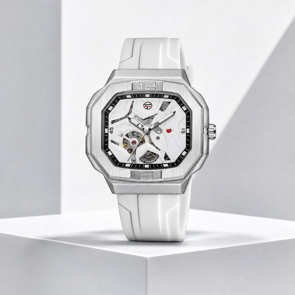 FORSINING 452A silver-white automatic skeleton watch on a gallery plinth