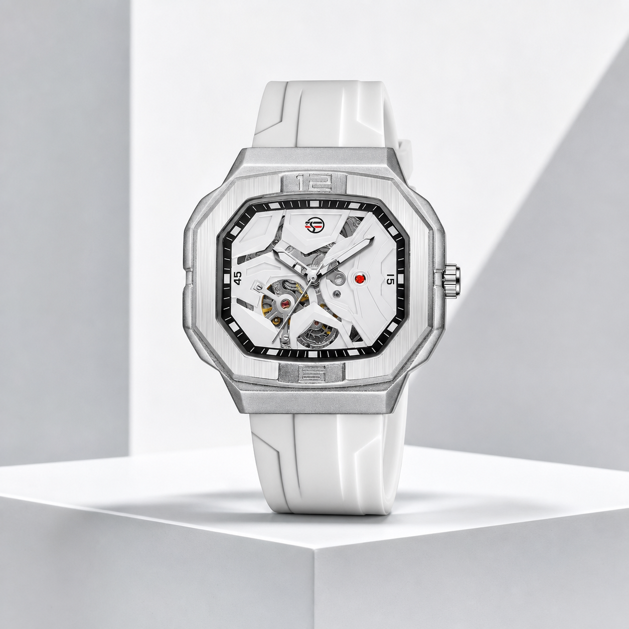 FORSINING 452A silver-white automatic skeleton watch on a gallery plinth