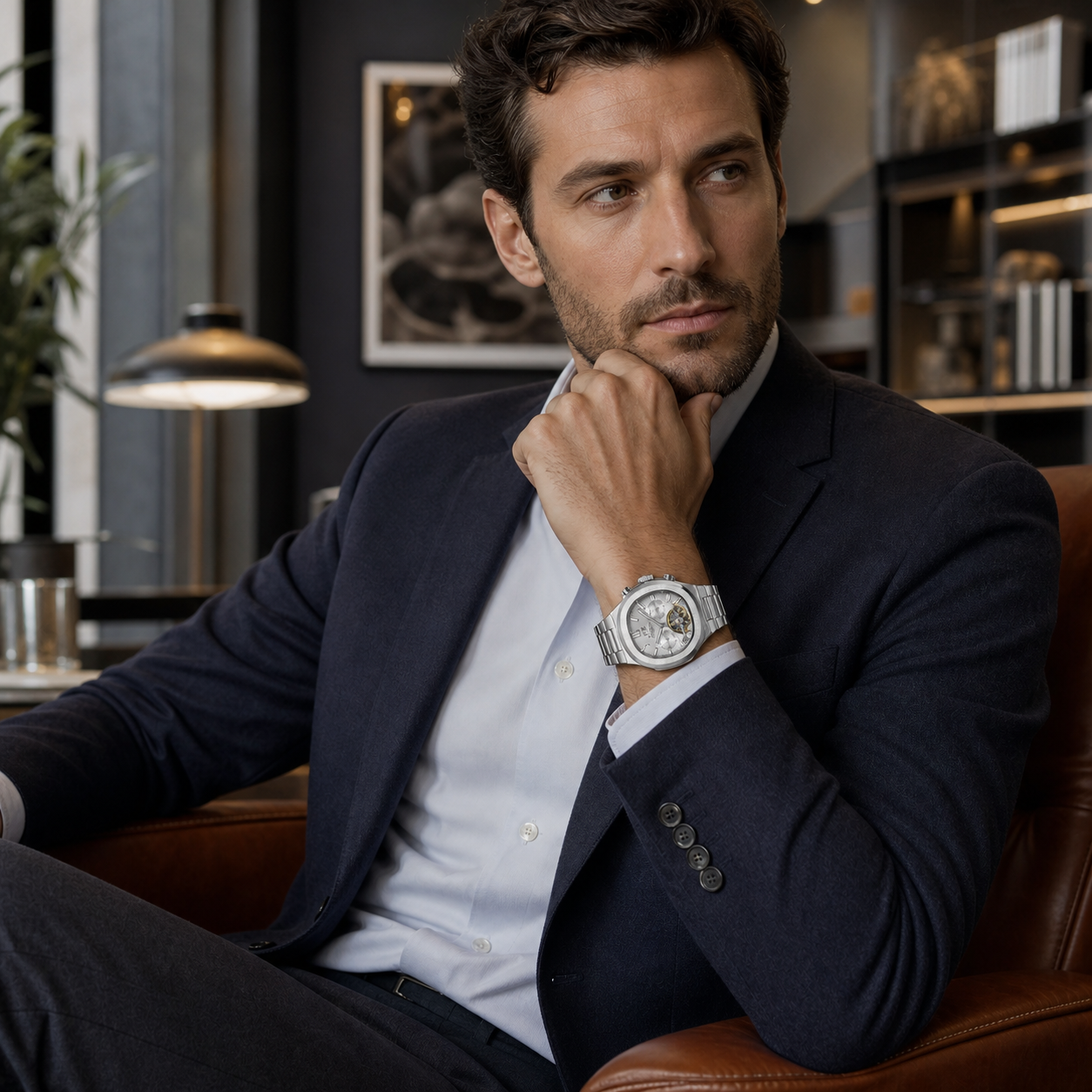 FORSINING 481 Silver open-heart automatic watch worn in a modern office lounge