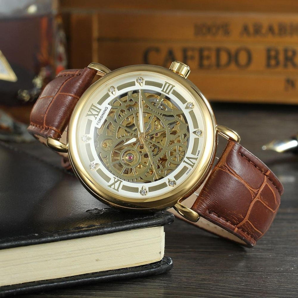 FORSINING Gold Brown Leather skeleton mechanical watch supplier lifestyle