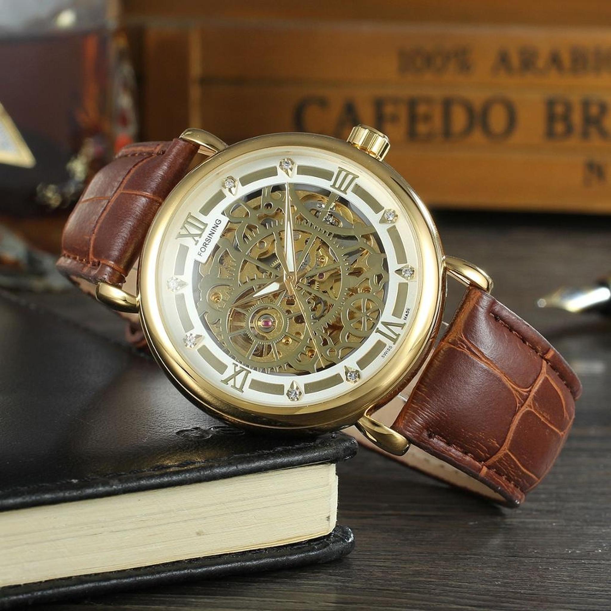 FORSINING Gold Brown Leather skeleton mechanical watch supplier lifestyle