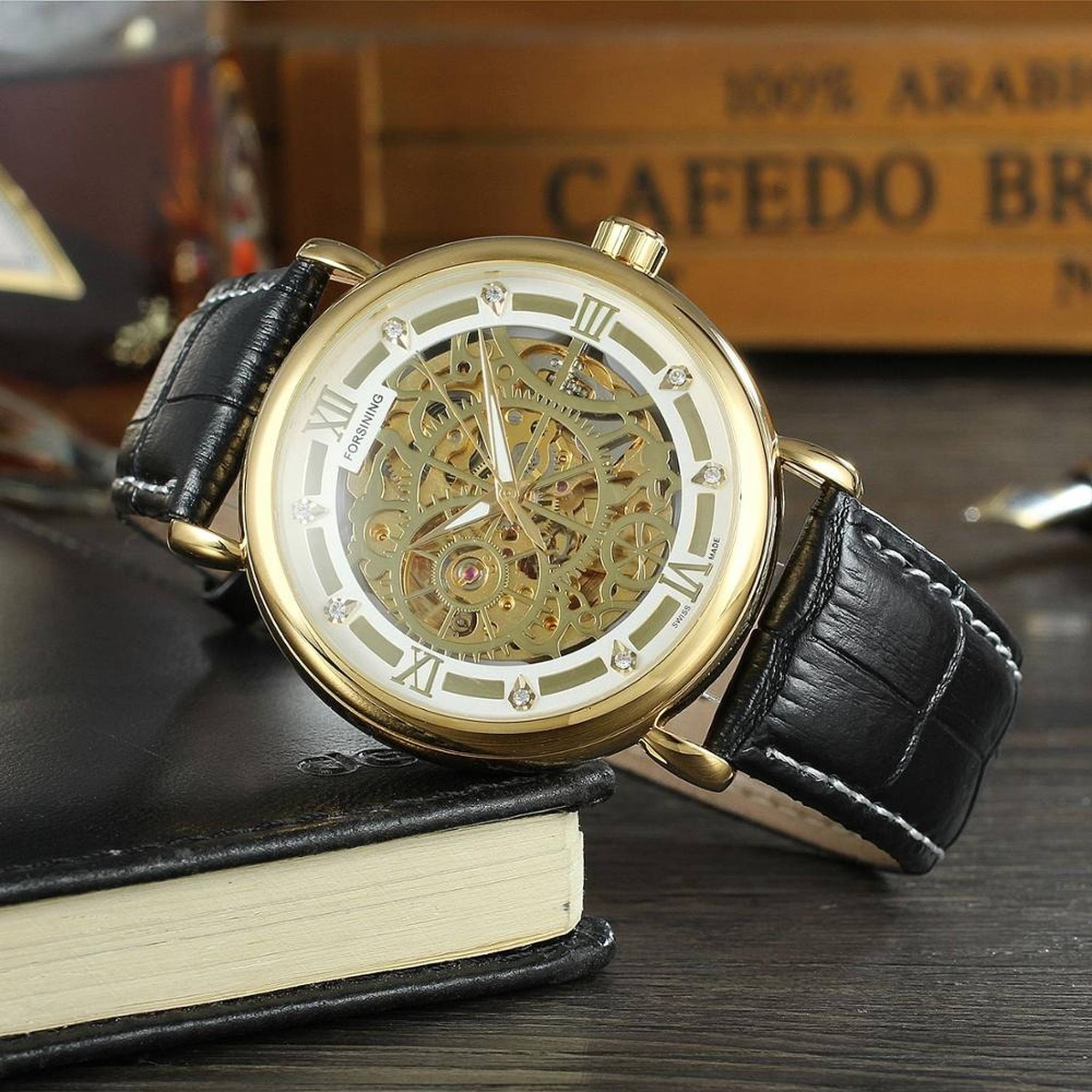 FORSINING Gold White Leather skeleton mechanical watch supplier lifestyle