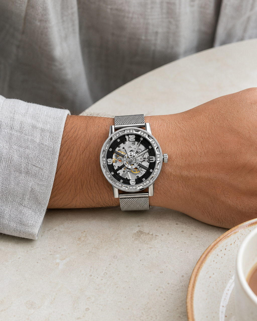 FORSINING 614 M4T6 on-wrist image, silver mesh bracelet and skeleton dial