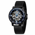 FORSINING 614 hand-winding skeleton watch, 40mm, black case with blue accents and steel mesh bracelet