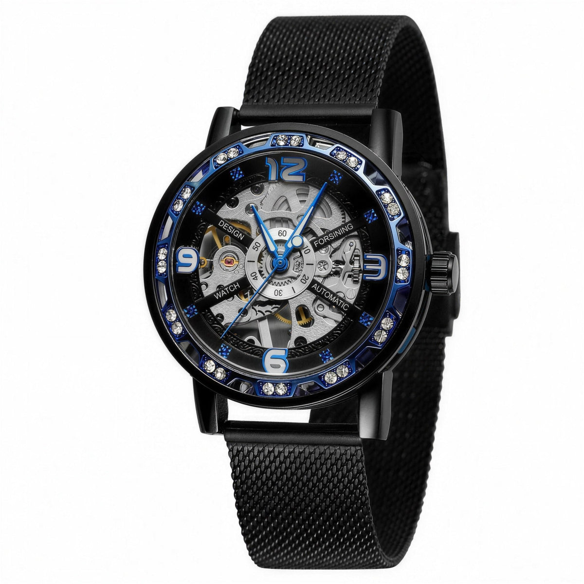 FORSINING 614 hand-winding skeleton watch, 40mm, black case with blue accents and steel mesh bracelet