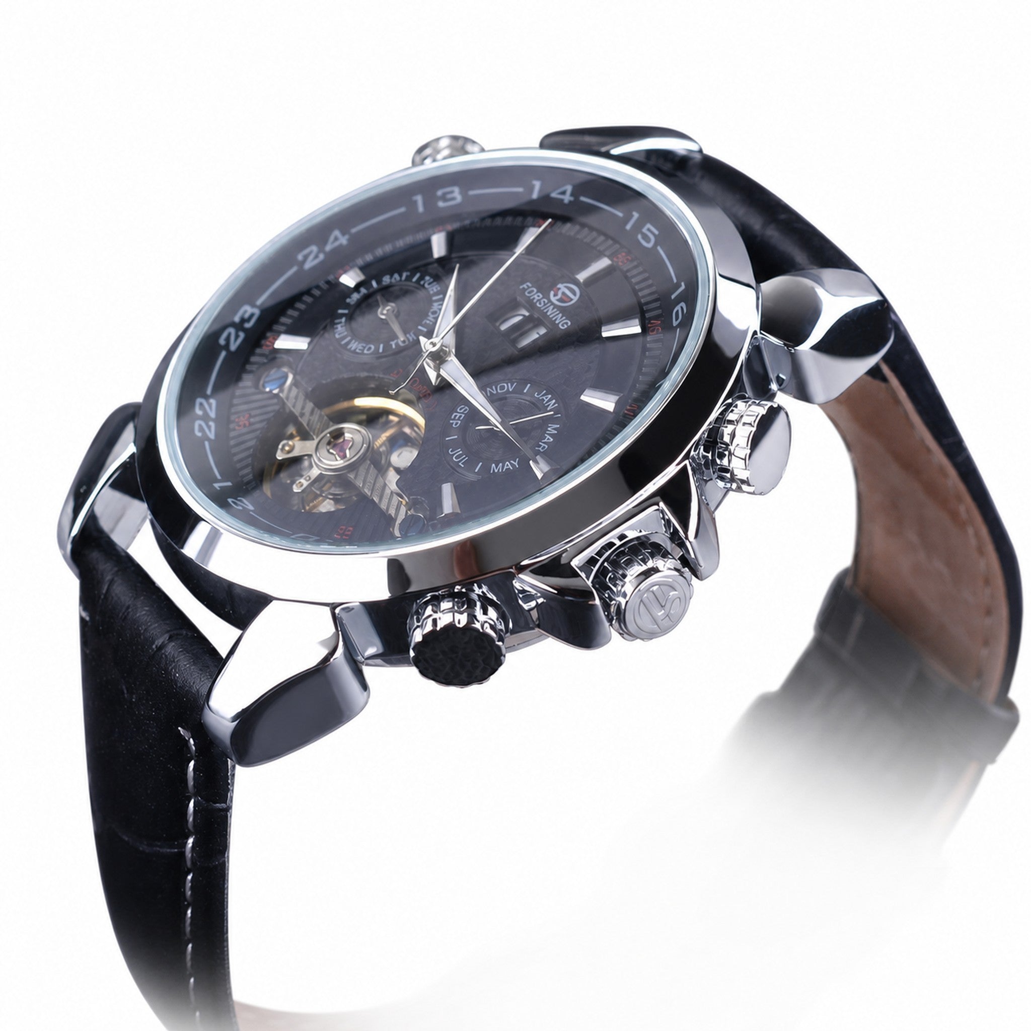 FORSINING 984 Black mechanical calendar watch side view on white background